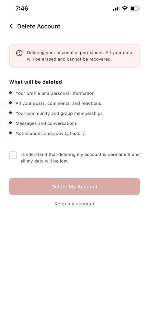 Delete Account confirmation screen in the iamitsekiri app