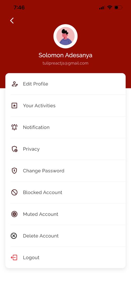 Profile menu in the iamitsekiri app, with the Delete Account option at the bottom